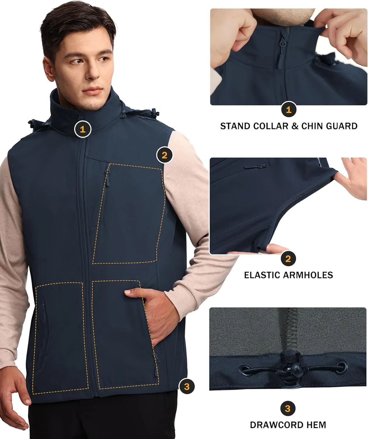 Mens Vests Outerwear Removable Hood Windproof Golf Vests for Men Softshell Sleeveless Jacket with 6 Pockets