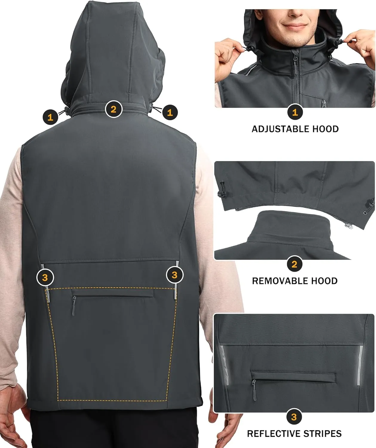 Mens Vests Outerwear Removable Hood Windproof Golf Vests for Men Softshell Sleeveless Jacket with 6 Pockets