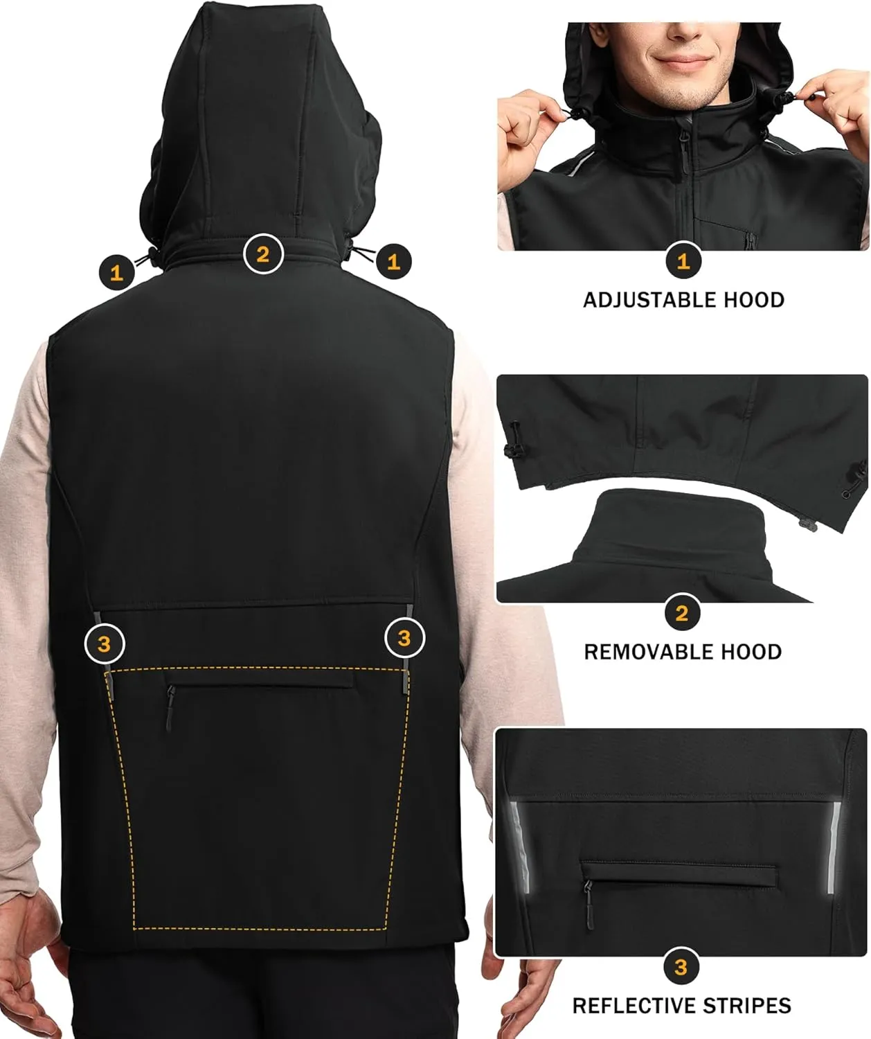 Mens Vests Outerwear Removable Hood Windproof Golf Vests for Men Softshell Sleeveless Jacket with 6 Pockets