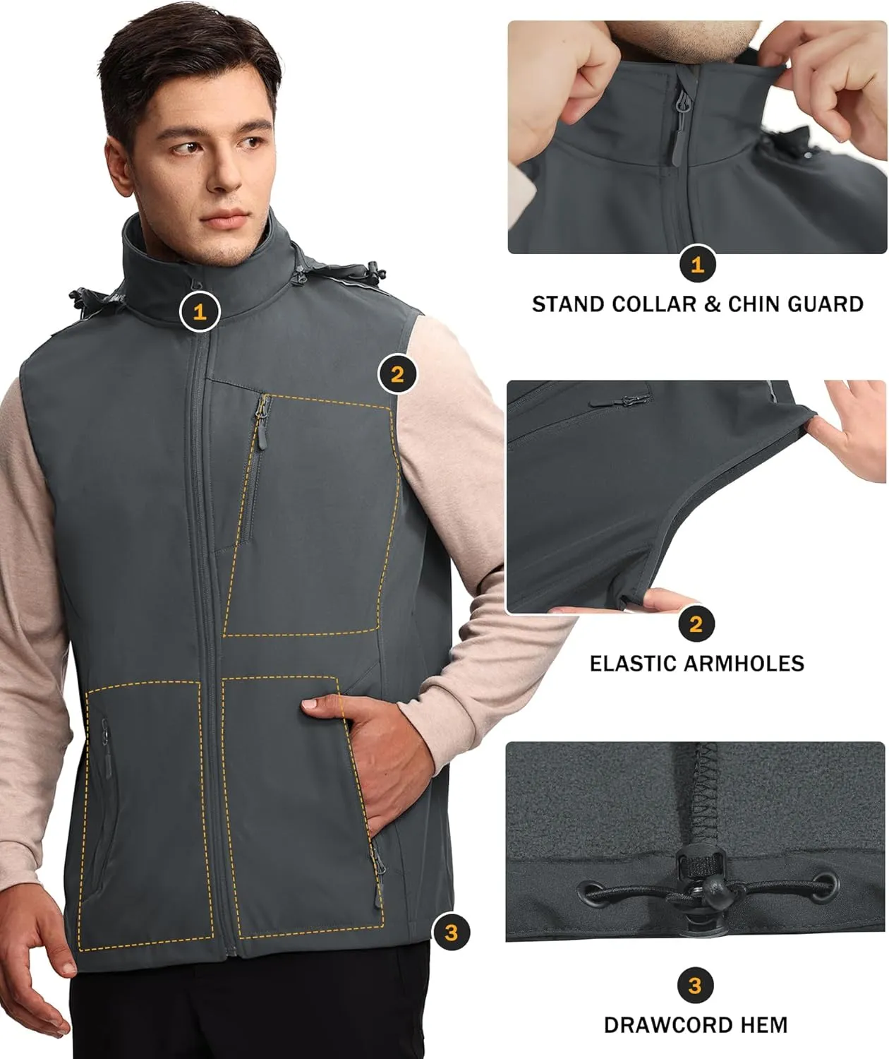 Mens Vests Outerwear Removable Hood Windproof Golf Vests for Men Softshell Sleeveless Jacket with 6 Pockets
