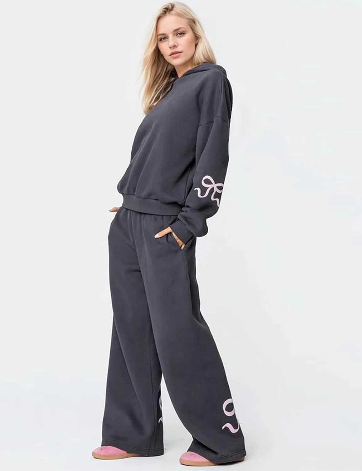 MISSACTIVER Women's 2 Piece Sweatsuits Outfits Bow Trim Graphic Hoodie Oversized Sweatshirt Jogger Sweatpants Tracksuit Set