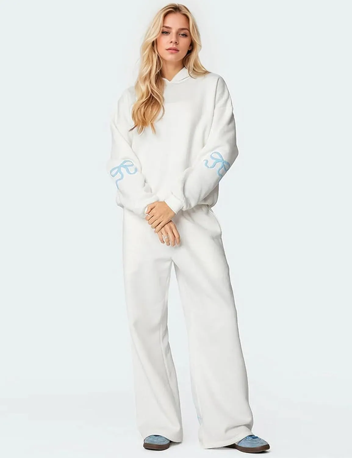 MISSACTIVER Women's 2 Piece Sweatsuits Outfits Bow Trim Graphic Hoodie Oversized Sweatshirt Jogger Sweatpants Tracksuit Set