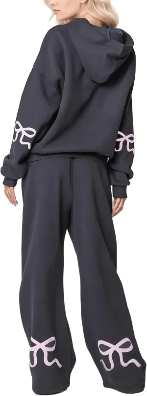 MISSACTIVER Women's 2 Piece Sweatsuits Outfits Bow Trim Graphic Hoodie Oversized Sweatshirt Jogger Sweatpants Tracksuit Set
