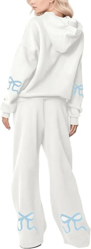 MISSACTIVER Women's 2 Piece Sweatsuits Outfits Bow Trim Graphic Hoodie Oversized Sweatshirt Jogger Sweatpants Tracksuit Set