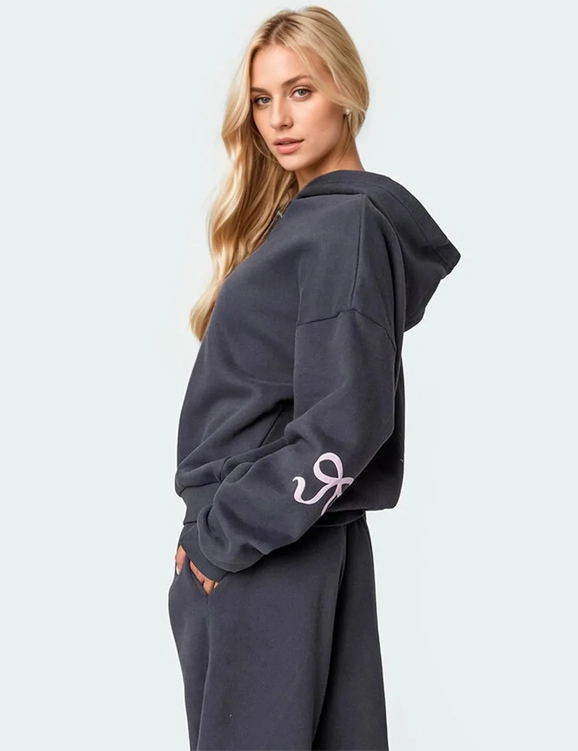 MISSACTIVER Women's 2 Piece Sweatsuits Outfits Bow Trim Graphic Hoodie Oversized Sweatshirt Jogger Sweatpants Tracksuit Set