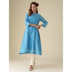 Mushio Blue Floral Embroidery Chanderi Ujwala Kurta (Set of 2)