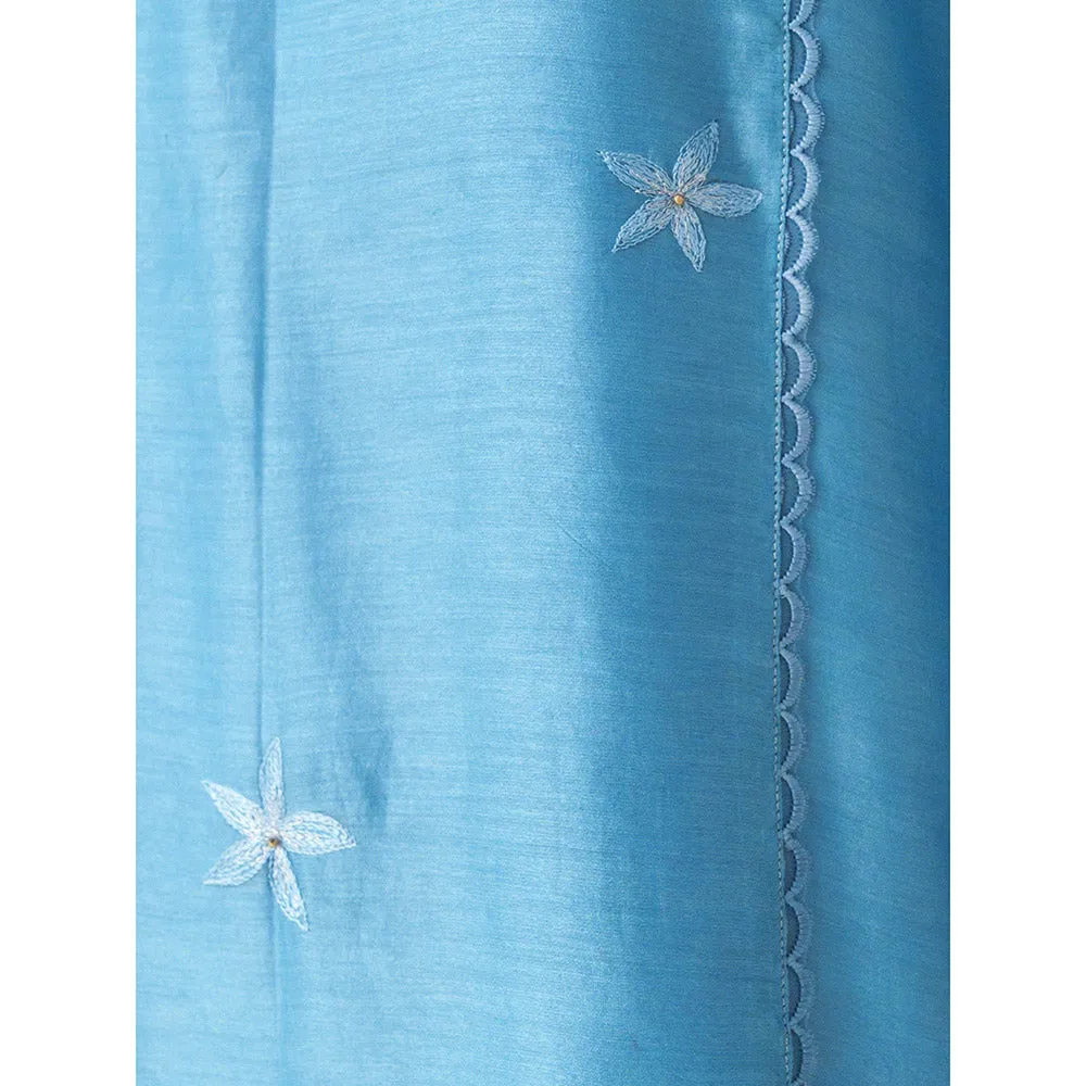 Mushio Blue Floral Embroidery Chanderi Ujwala Kurta (Set of 2)