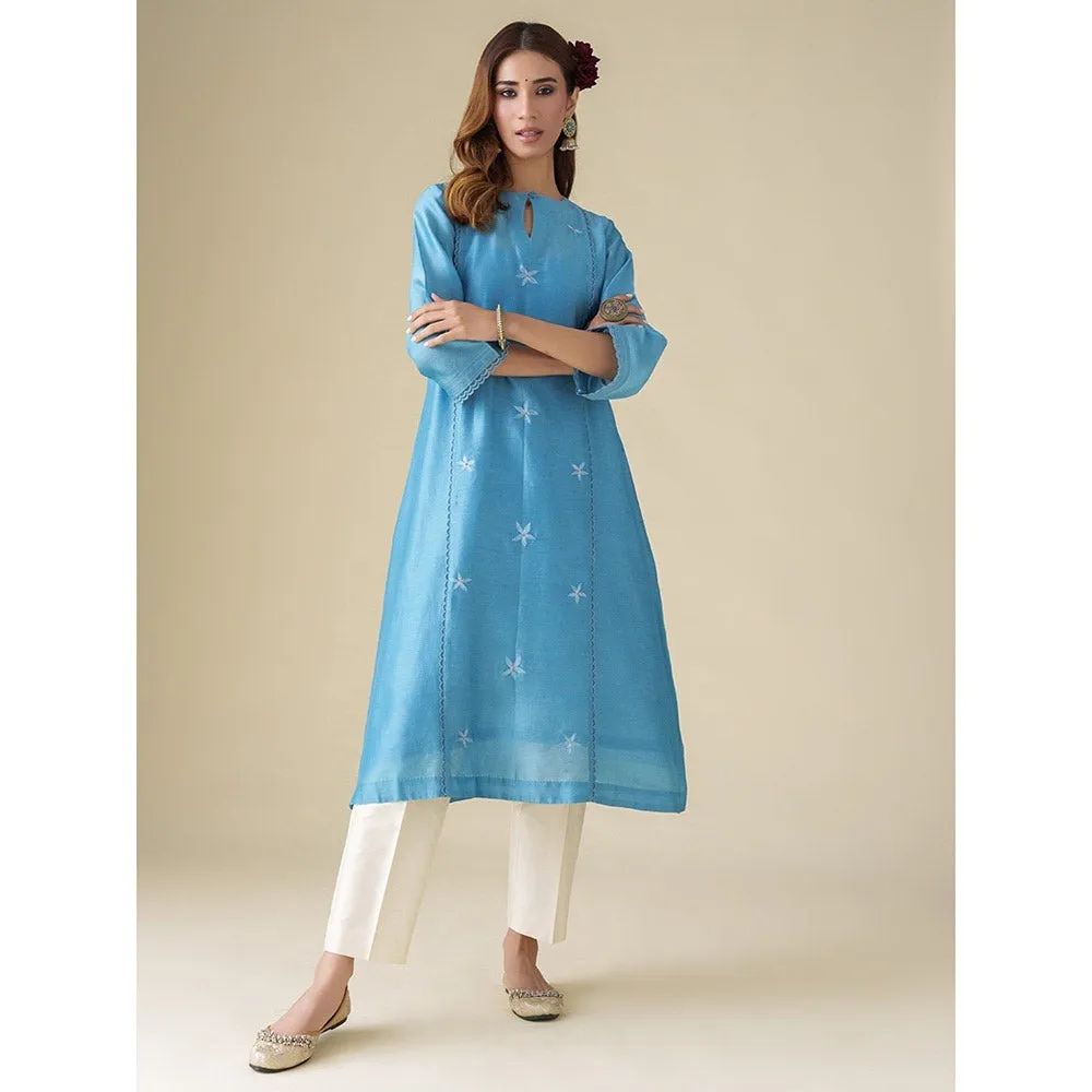 Mushio Blue Floral Embroidery Chanderi Ujwala Kurta (Set of 2)