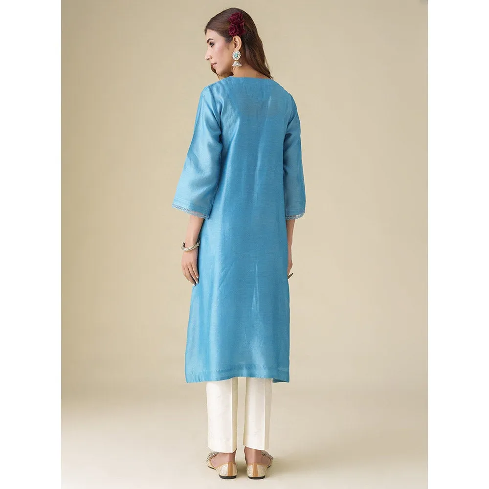 Mushio Blue Floral Embroidery Chanderi Ujwala Kurta (Set of 2)