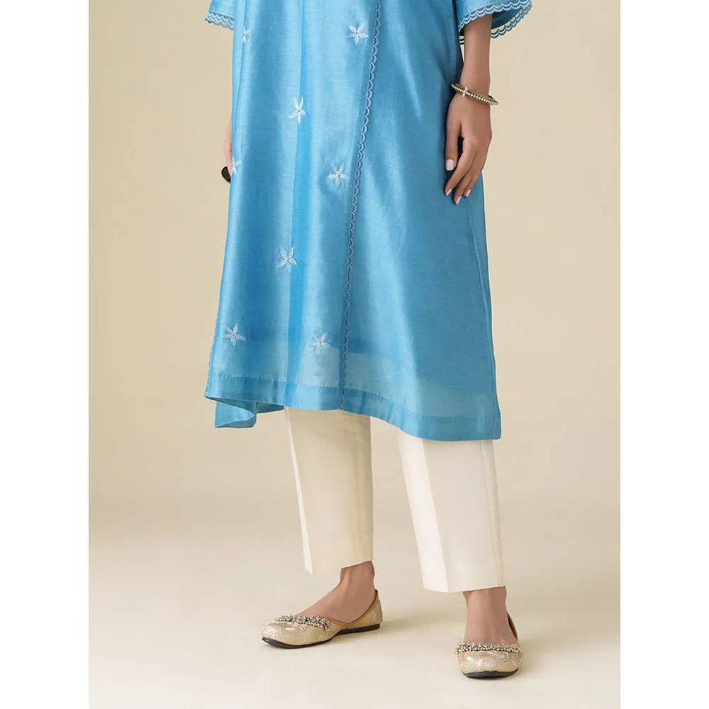 Mushio Blue Floral Embroidery Chanderi Ujwala Kurta (Set of 2)