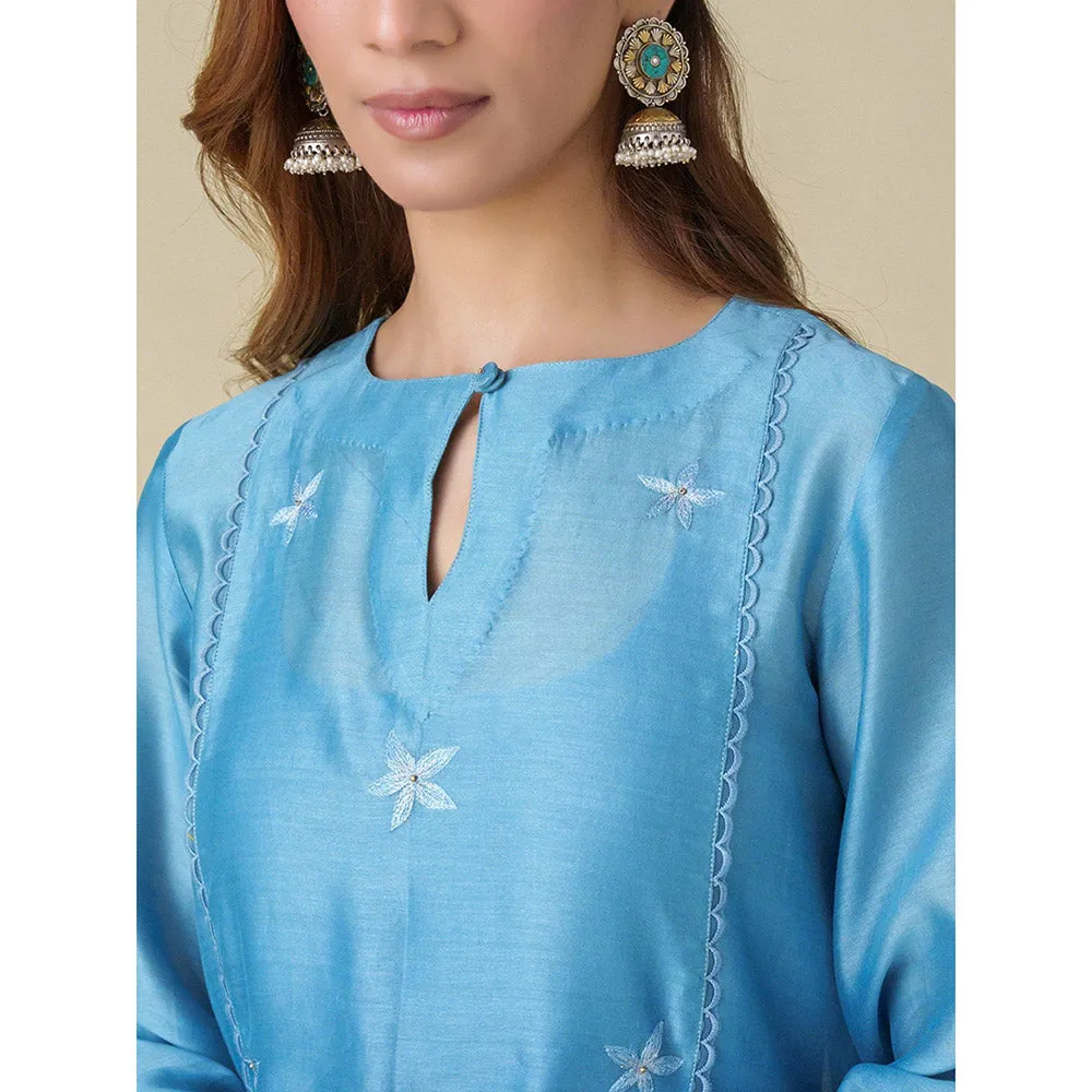 Mushio Blue Floral Embroidery Chanderi Ujwala Kurta (Set of 2)