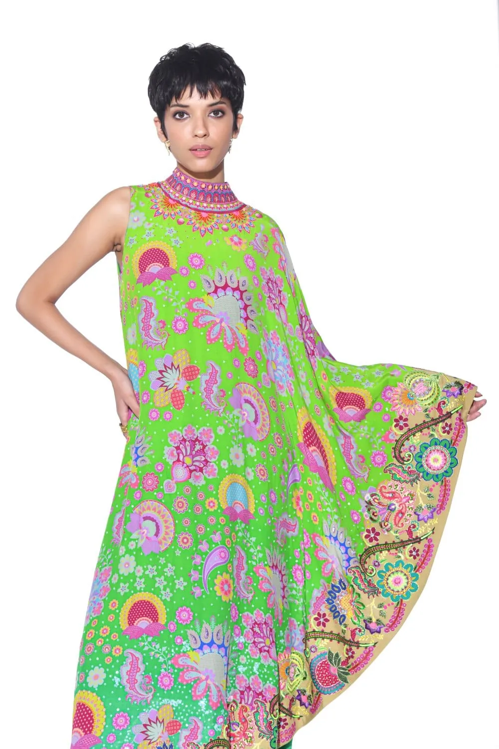 Neon Grean Embroidered One Shoulder Dress And Jumpsuit