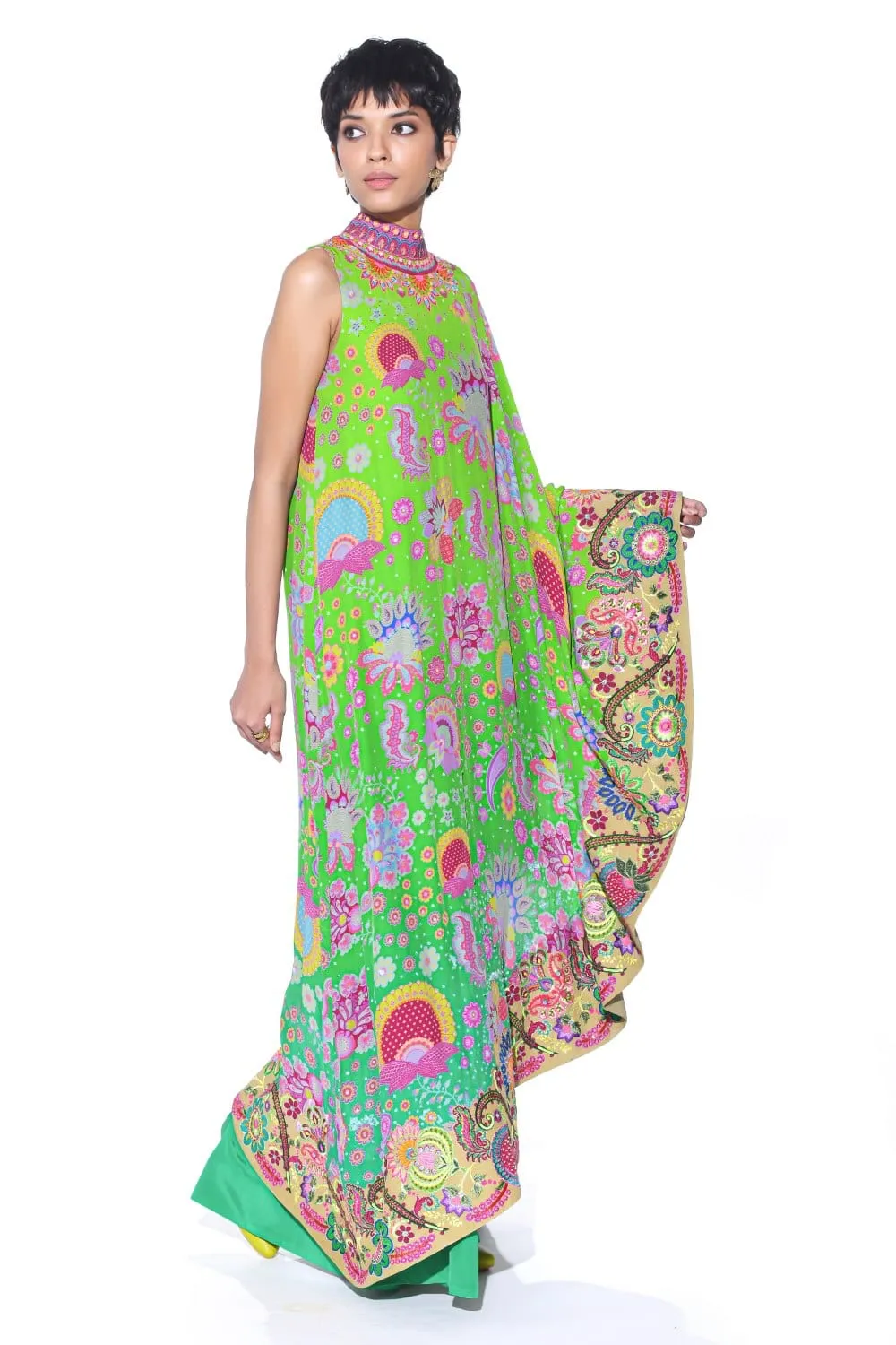 Neon Grean Embroidered One Shoulder Dress And Jumpsuit
