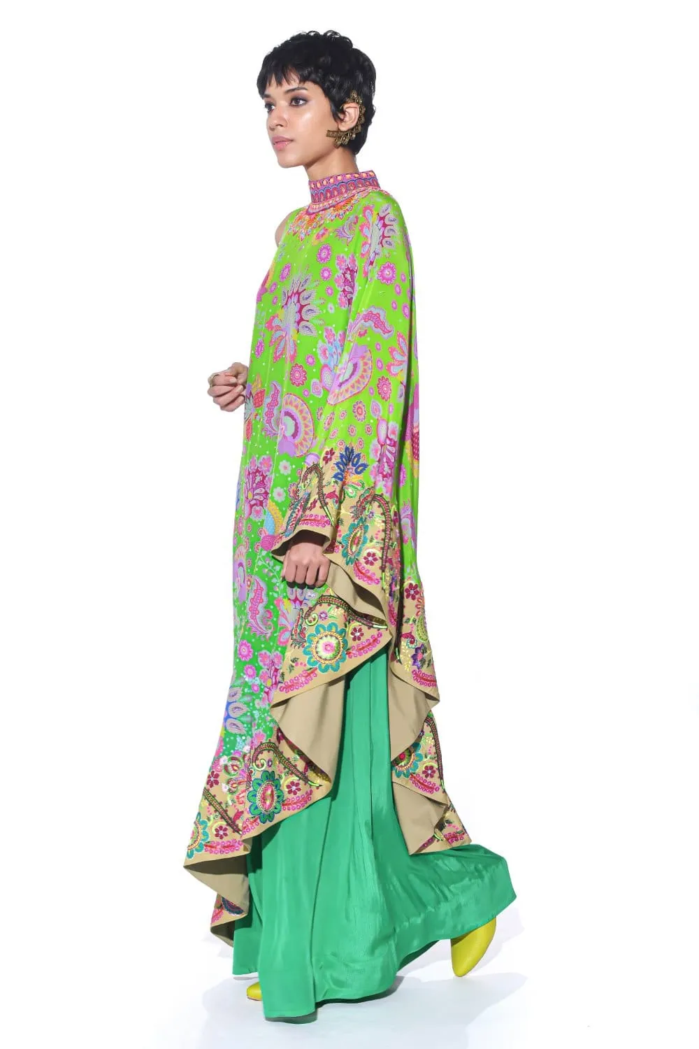 Neon Grean Embroidered One Shoulder Dress And Jumpsuit