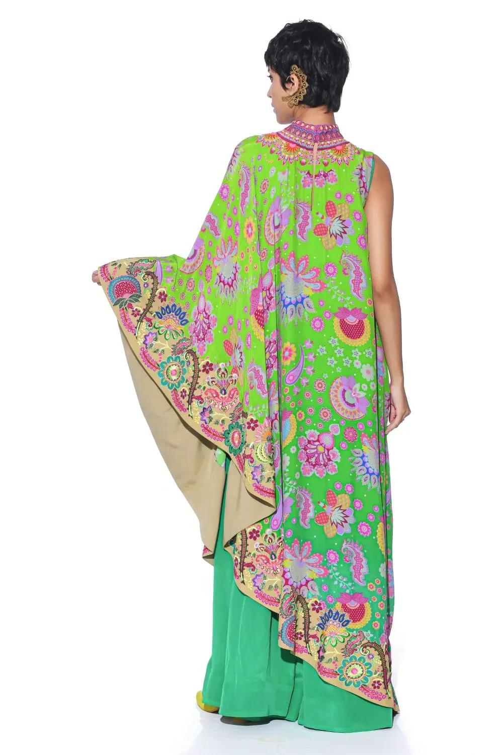 Neon Grean Embroidered One Shoulder Dress And Jumpsuit