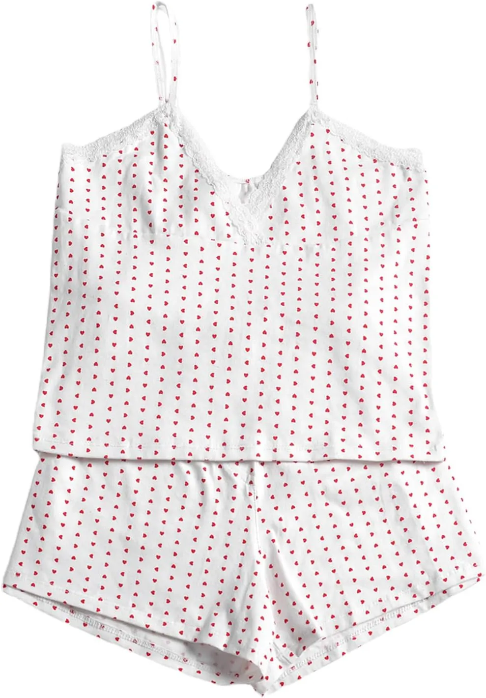 NUFIWI Women Y2k 2 Piece Shorts Set Lace Trim Spaghetti Strap Cami Crop Top High Waist Shorts Heart Printed Pajamas Set
