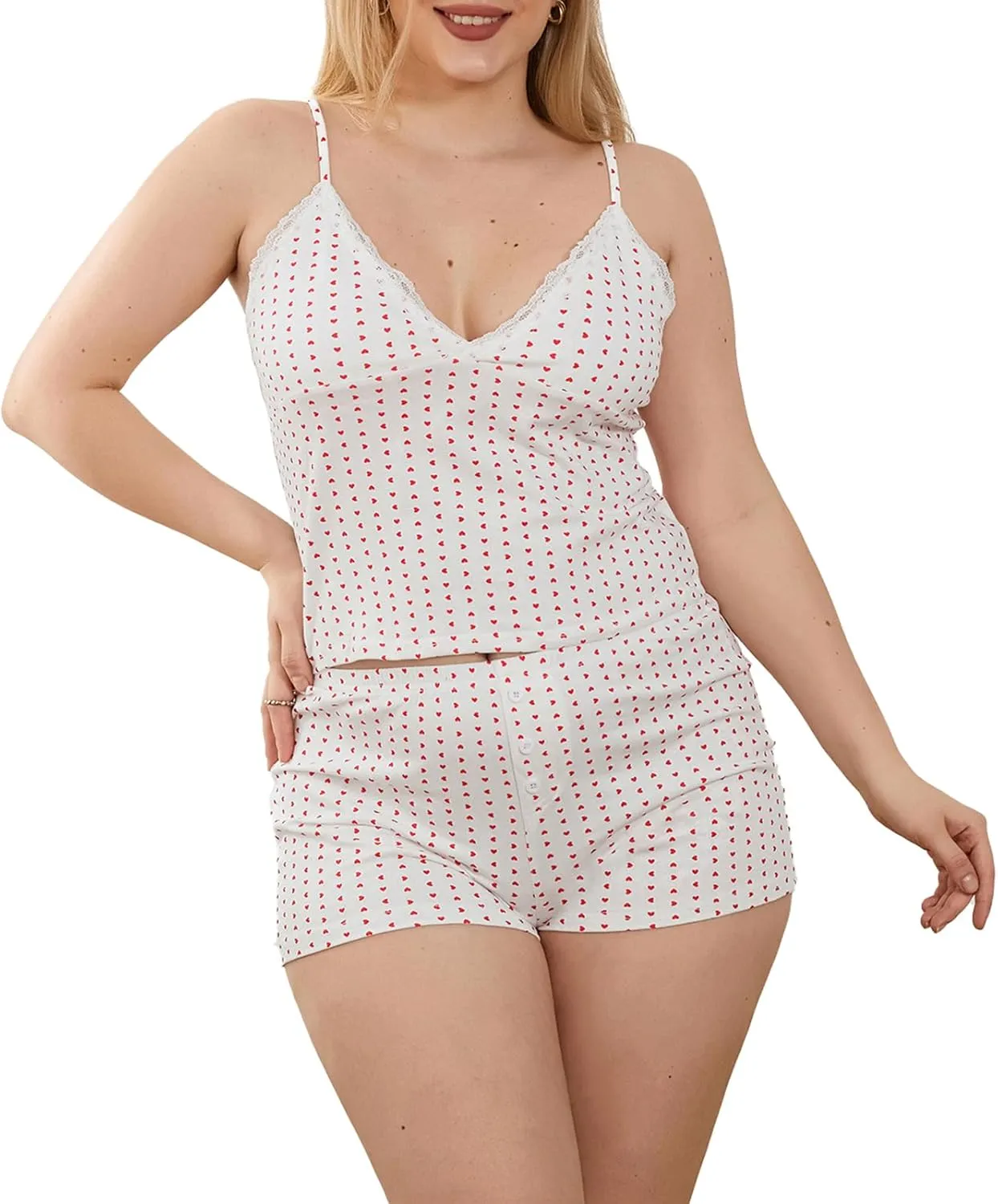 NUFIWI Women Y2k 2 Piece Shorts Set Lace Trim Spaghetti Strap Cami Crop Top High Waist Shorts Heart Printed Pajamas Set