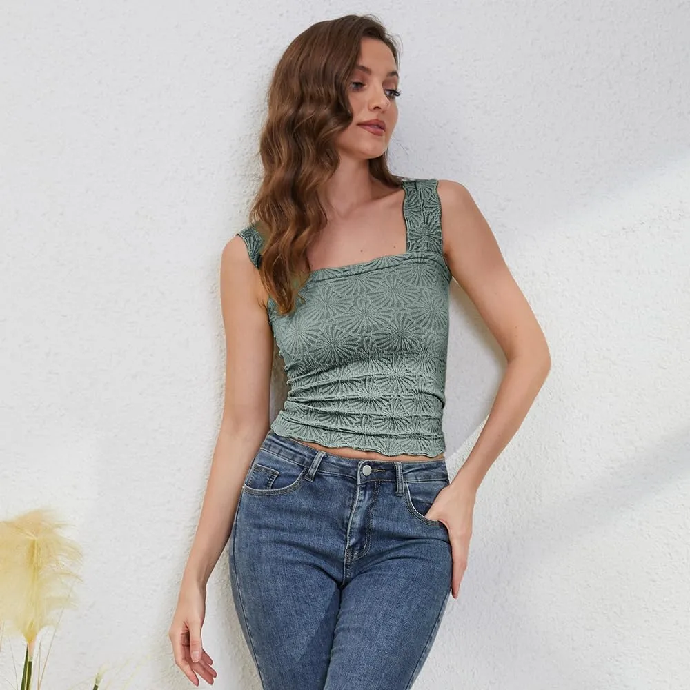 OLAPTA Womens Square Neck Wide Strap Flower Crop Tank Top Sleeveless Backless Lettuce Trim Solid Slim Fit Cropped Cami Vest