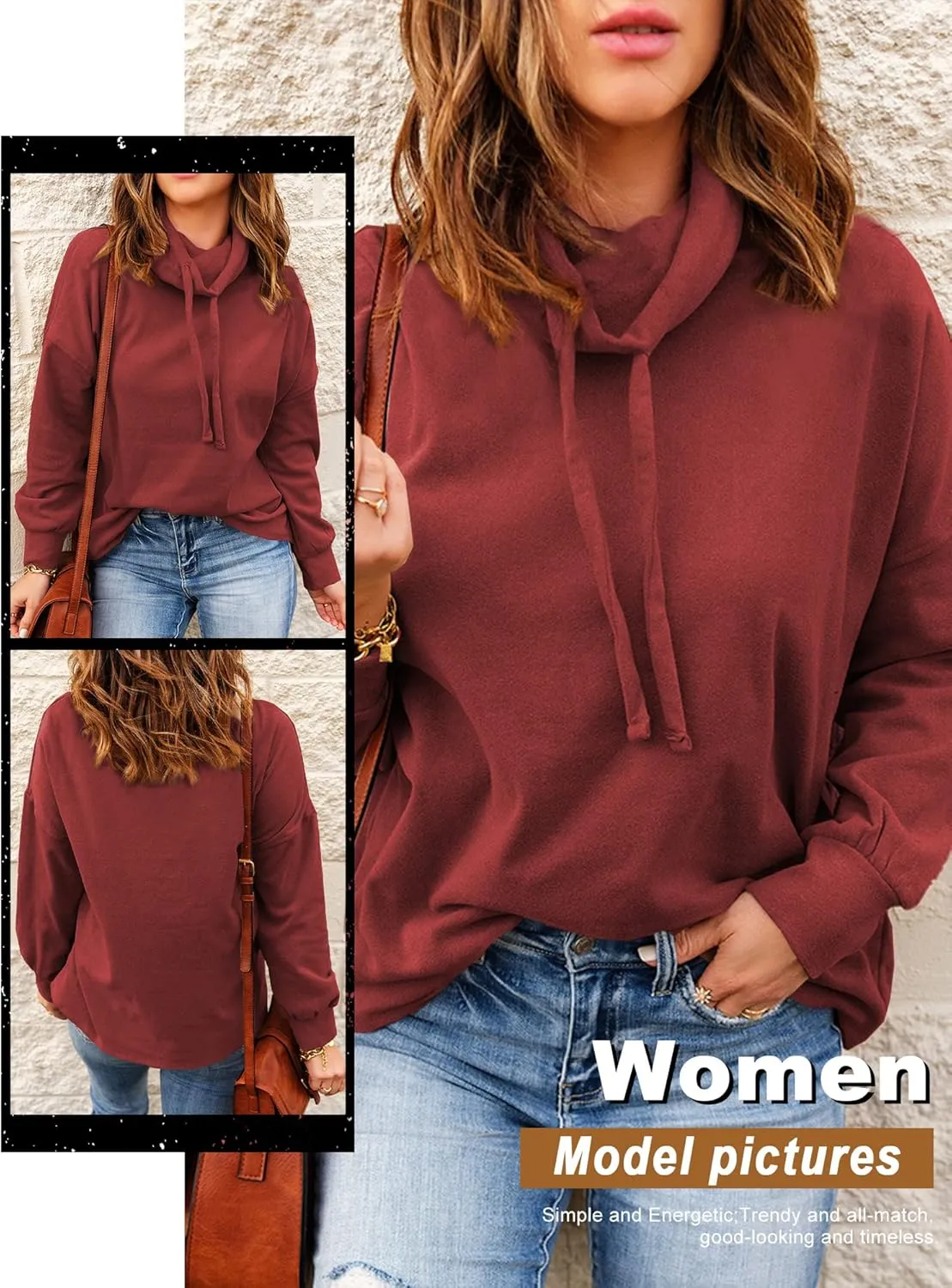 OUNAR Women Casual Long Sleeve Sweatshirt Cowl Neck Drawstring Thick Dralon Loose Pullovers Shirts Tops Sweatshirts