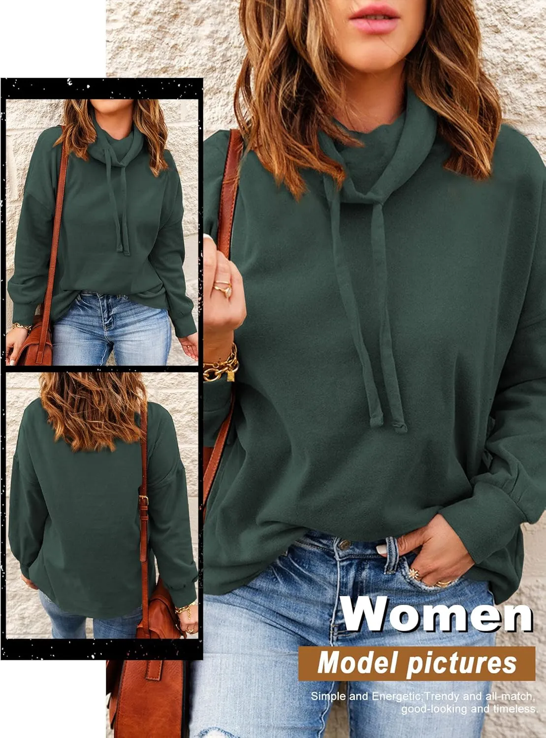 OUNAR Women Casual Long Sleeve Sweatshirt Cowl Neck Drawstring Thick Dralon Loose Pullovers Shirts Tops Sweatshirts