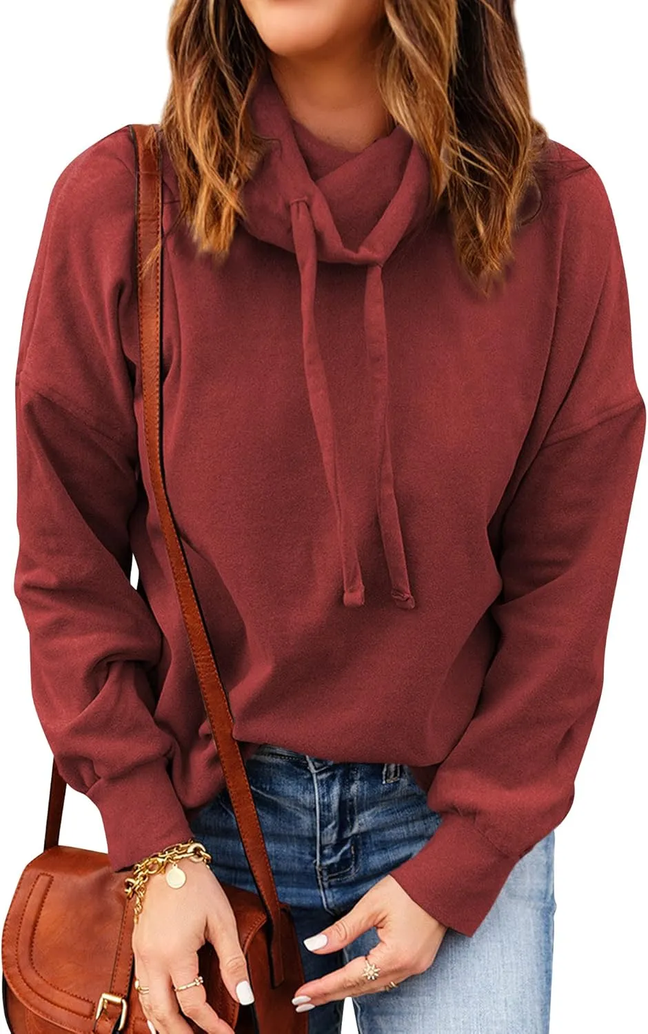 OUNAR Women Casual Long Sleeve Sweatshirt Cowl Neck Drawstring Thick Dralon Loose Pullovers Shirts Tops Sweatshirts