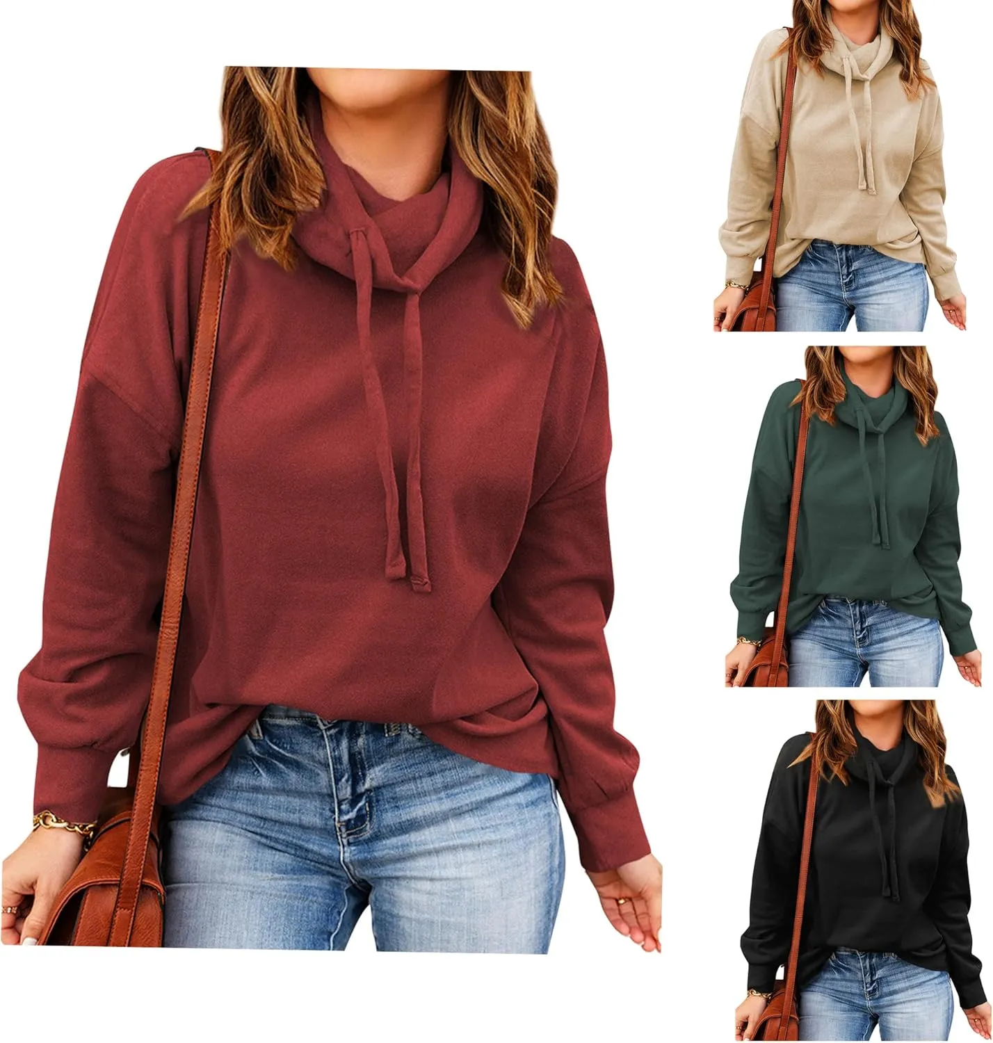 OUNAR Women Casual Long Sleeve Sweatshirt Cowl Neck Drawstring Thick Dralon Loose Pullovers Shirts Tops Sweatshirts