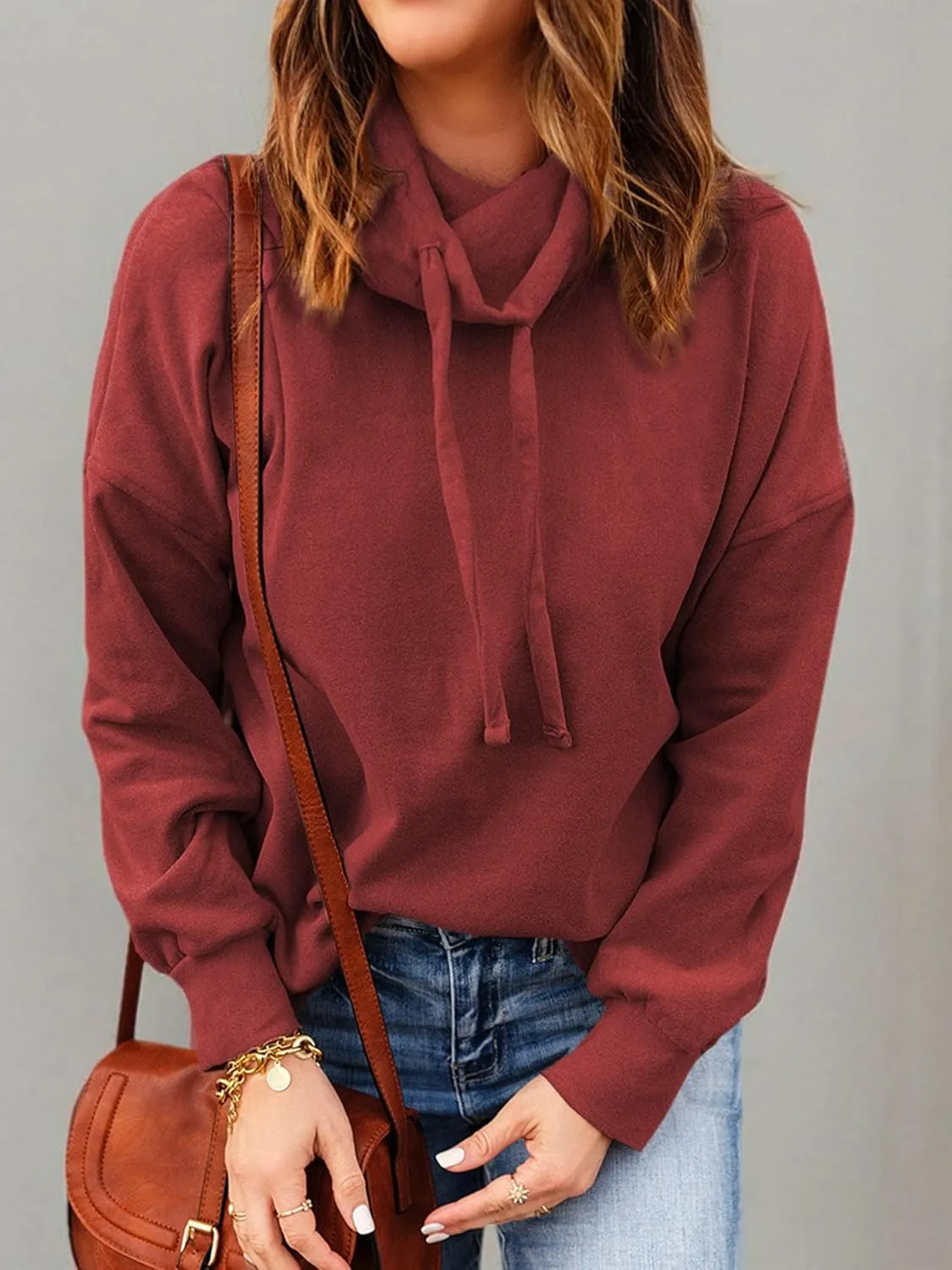 OUNAR Women Casual Long Sleeve Sweatshirt Cowl Neck Drawstring Thick Dralon Loose Pullovers Shirts Tops Sweatshirts