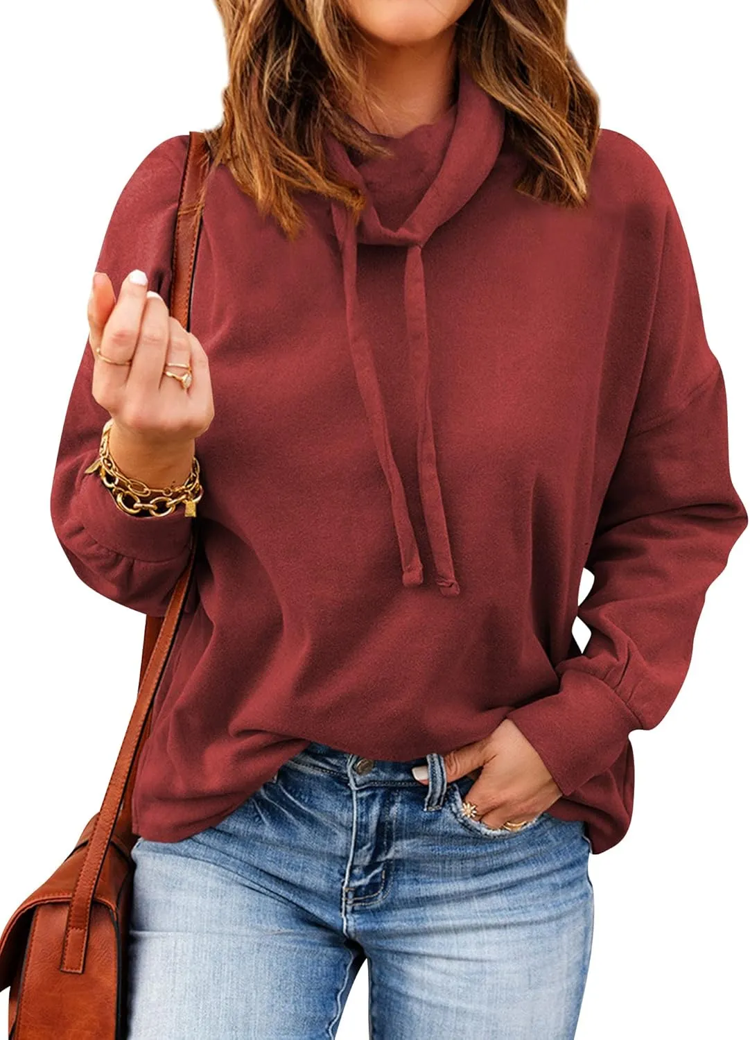 OUNAR Women Casual Long Sleeve Sweatshirt Cowl Neck Drawstring Thick Dralon Loose Pullovers Shirts Tops Sweatshirts
