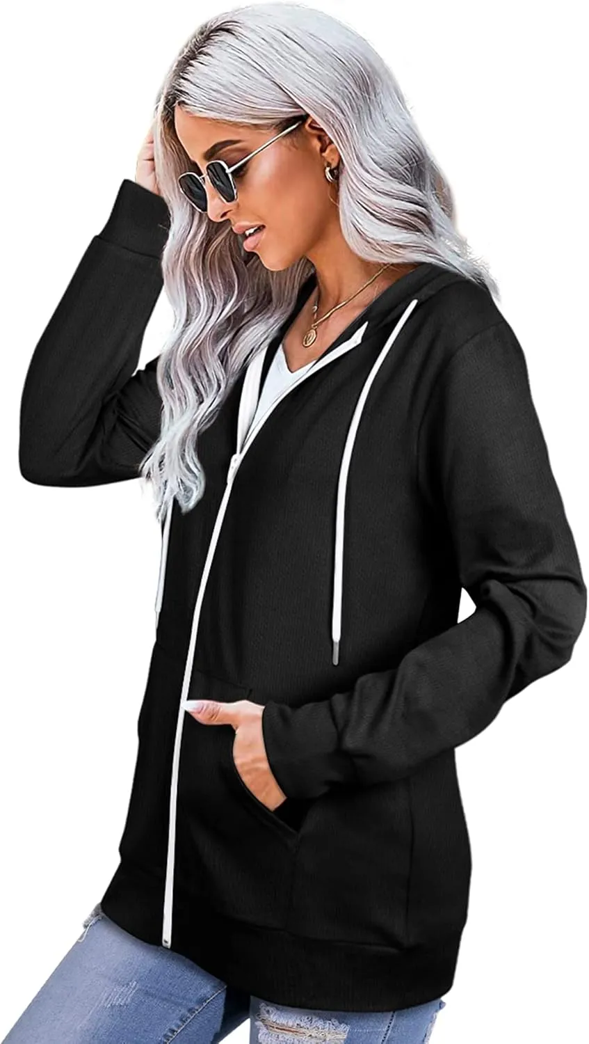 Saloogoe Lightweight Zip Up Hoodies for Women Hooded Sweatshirts Long Sleeve Thin Jacket with Zipper