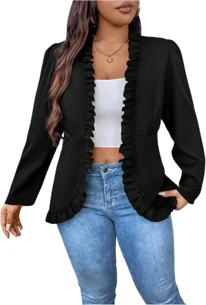 SHENHE Women's Plus Size Open Front Ruffle Trim Elegant Business Casual Office Blazer Jacket