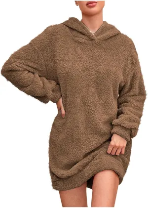 Sherpa Hoodie Dress for Women Cute Fuzzy Long Sleeve Sweatshirt Dress Casual Mini Sweater Dress Soft Loungewear