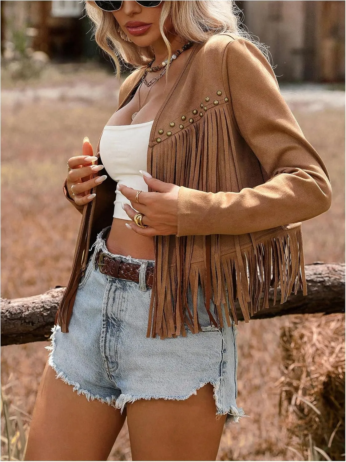 SOLY HUX Women's Faux Suede Fringe Trim Long Sleeve Open Front Cardigan Jacket Western Concert Outfits