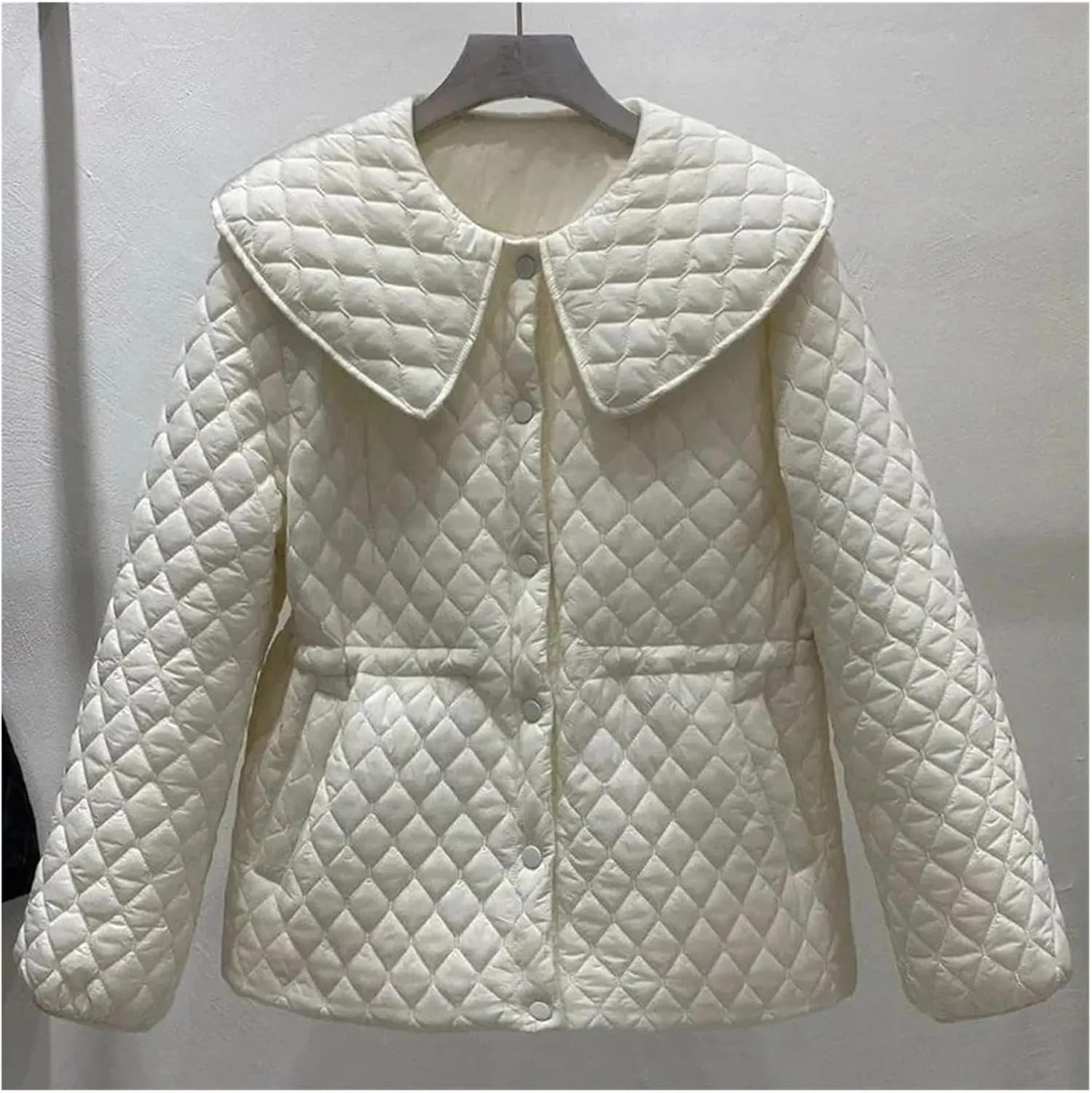 Spring Autumn Pleated Jacket Thin Doll Collar Cotton-Padded Jacket Waist Slimming Fashion Short Solid Color Coat(XX-Large)
