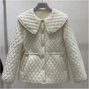 Spring Autumn Pleated Jacket Thin Doll Collar Cotton-Padded Jacket Waist Slimming Fashion Short Solid Color Coat(XX-Large)