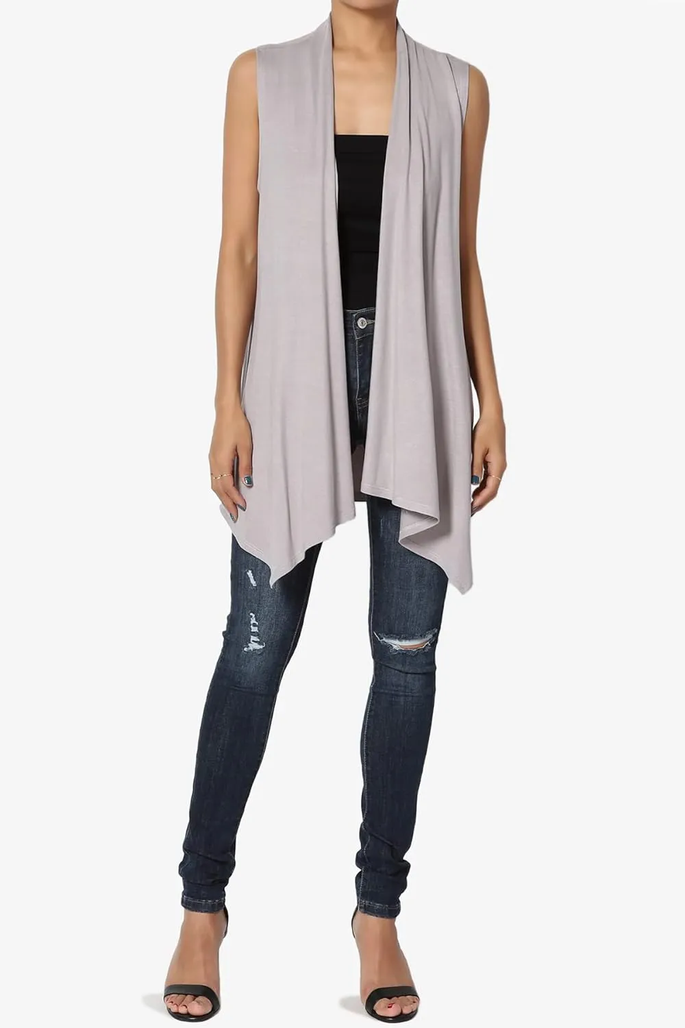 TheMogan Women's Long Vests Sleeveless Draped Lightweight Open Front Cardigan