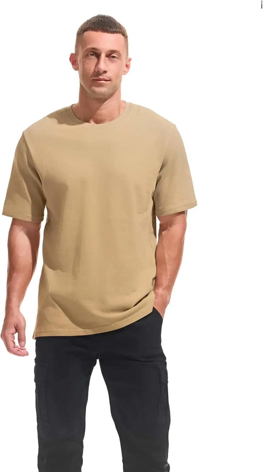 VEIISAR Men's Heavy Weight Crew Neck 100 Cotton Pique Thick T-Shirt