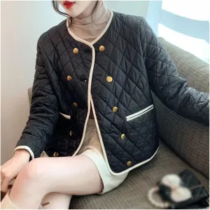 Vintage O-Neck Parka Coat Women Double-Breasted Down Cotton Jacket Warm Cotton Padded Parkas(L 50-58KG)