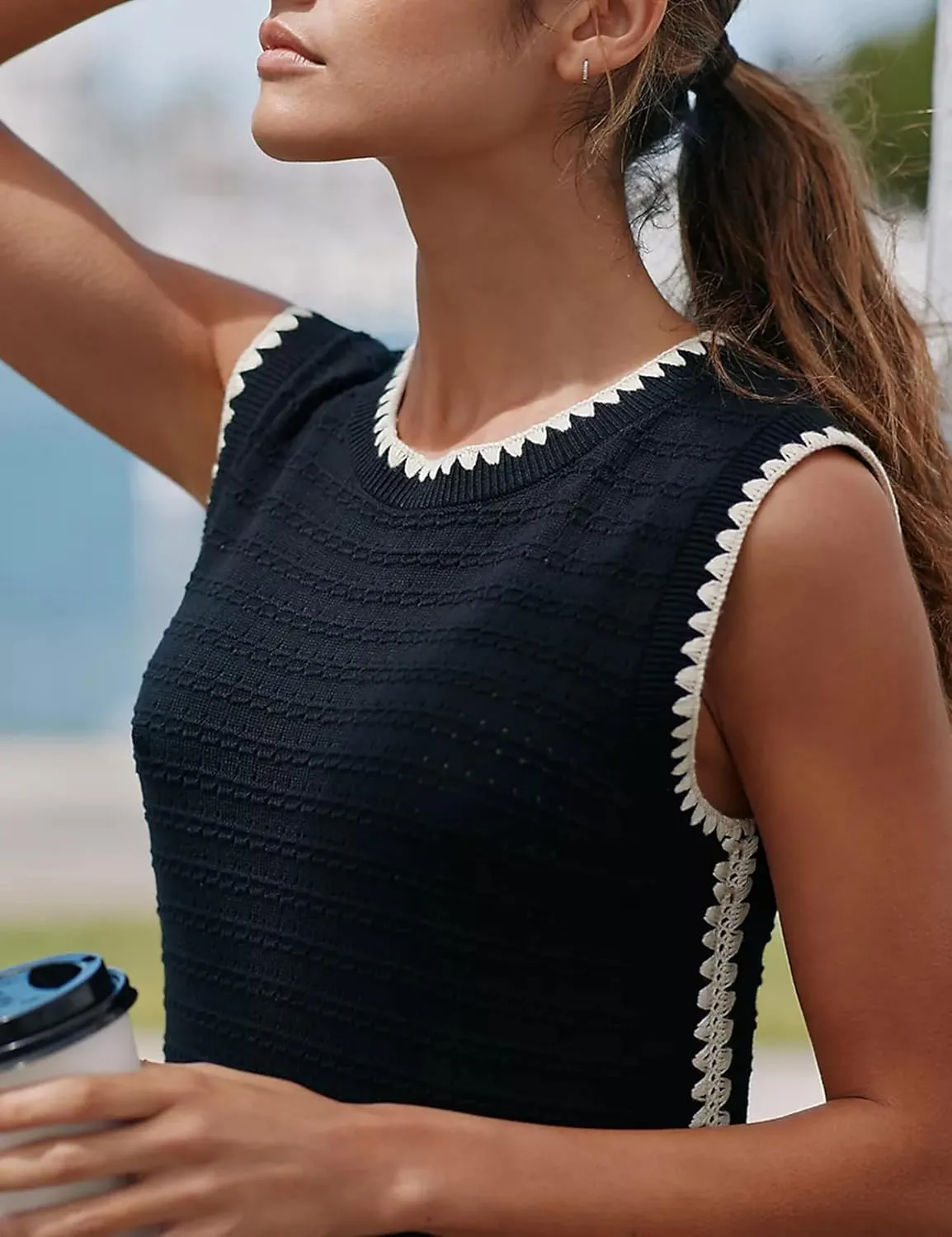 Watashi Womens Sleeveless Summer Dress Contrast Crew Neck Sundress Hollow Out Side Slit Bodycon Knit Long Tank Dresses
