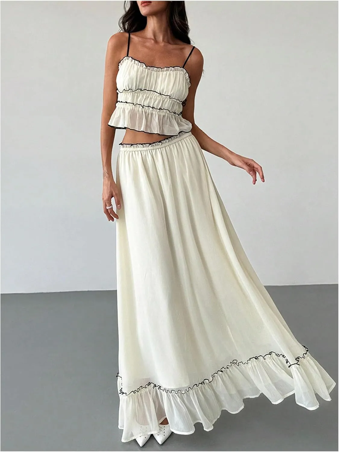 WDIRARA Women's 2 Piece Set Ruffle Frill Trim Cami Flowy Maxi Skirt Contrast Binding Outfits