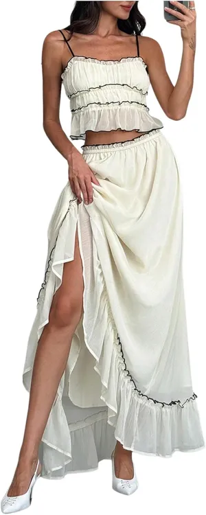 WDIRARA Women's 2 Piece Set Ruffle Frill Trim Cami Flowy Maxi Skirt Contrast Binding Outfits