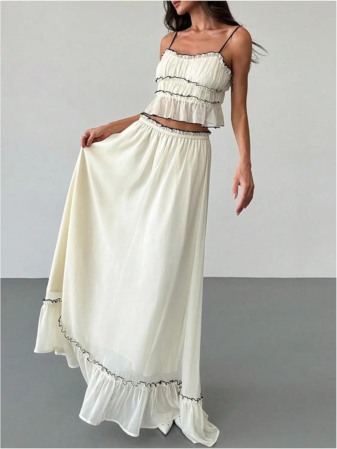 WDIRARA Women's 2 Piece Set Ruffle Frill Trim Cami Flowy Maxi Skirt Contrast Binding Outfits