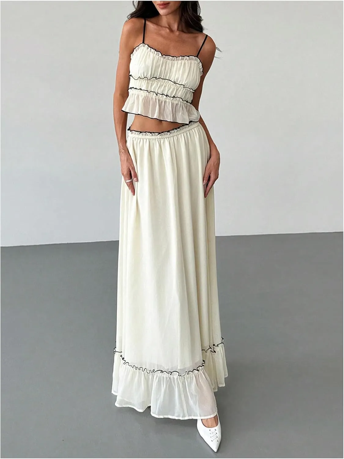 WDIRARA Women's 2 Piece Set Ruffle Frill Trim Cami Flowy Maxi Skirt Contrast Binding Outfits