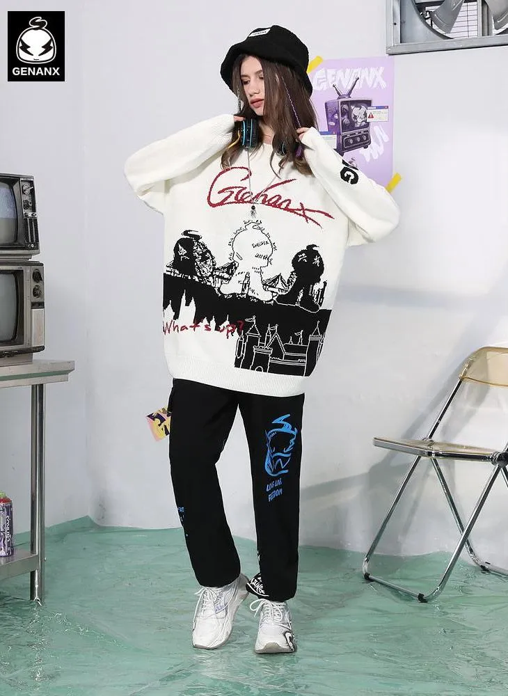 White Street Hip Hop Cartoon Jacquard Sweater