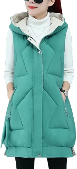 Winter Women Sleeveless Waistcoat Long Hooded Cotton Padded Warm Vest Casual Outwear