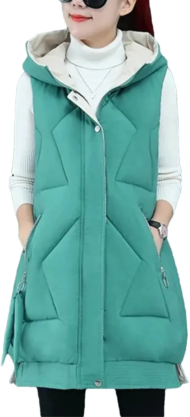 Winter Women Sleeveless Waistcoat Long Hooded Cotton Padded Warm Vest Casual Outwear