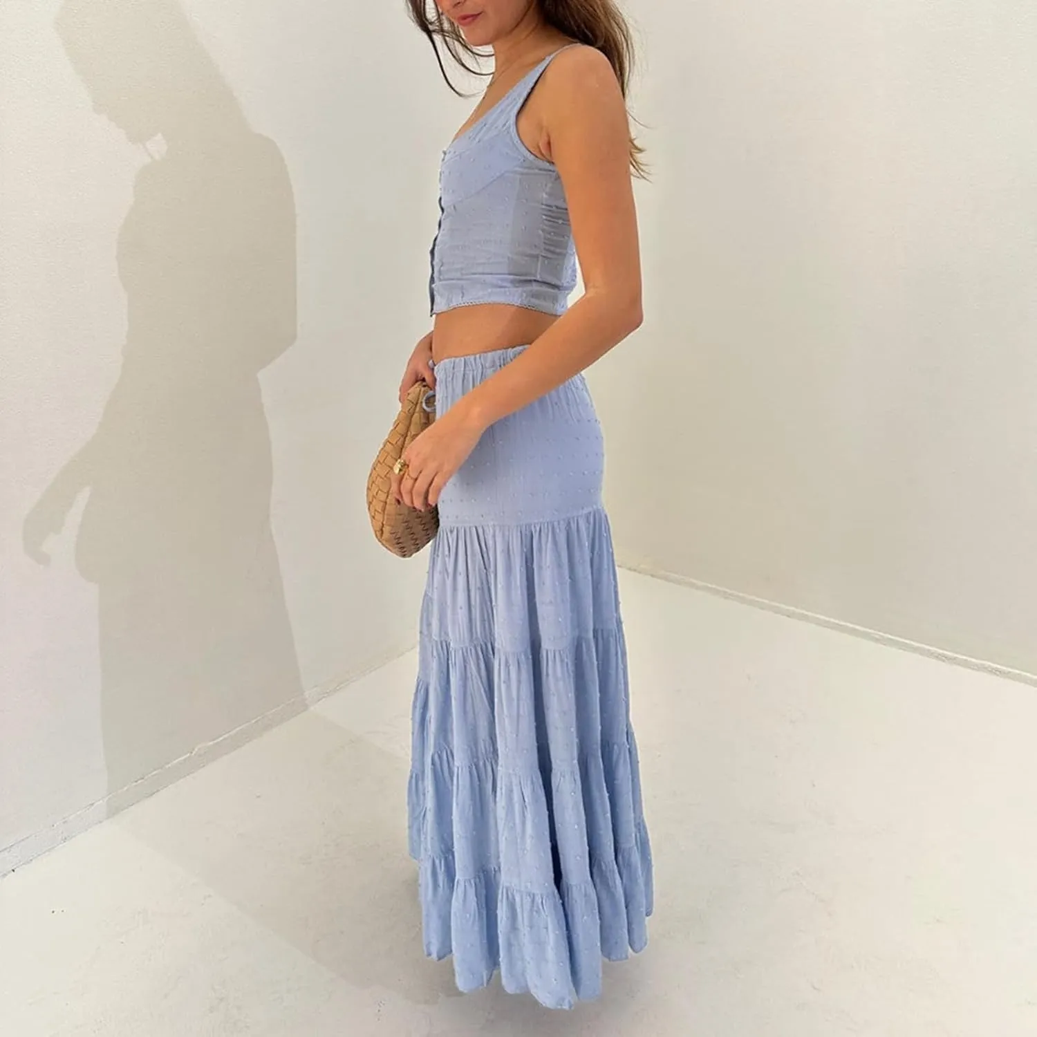 Women 2 Piece Maxi Skirts Set Y2k Ruffle Sleeveless Lace Trim Cami Top Tiered Flowy A Line Long Skirt Summer Outfits