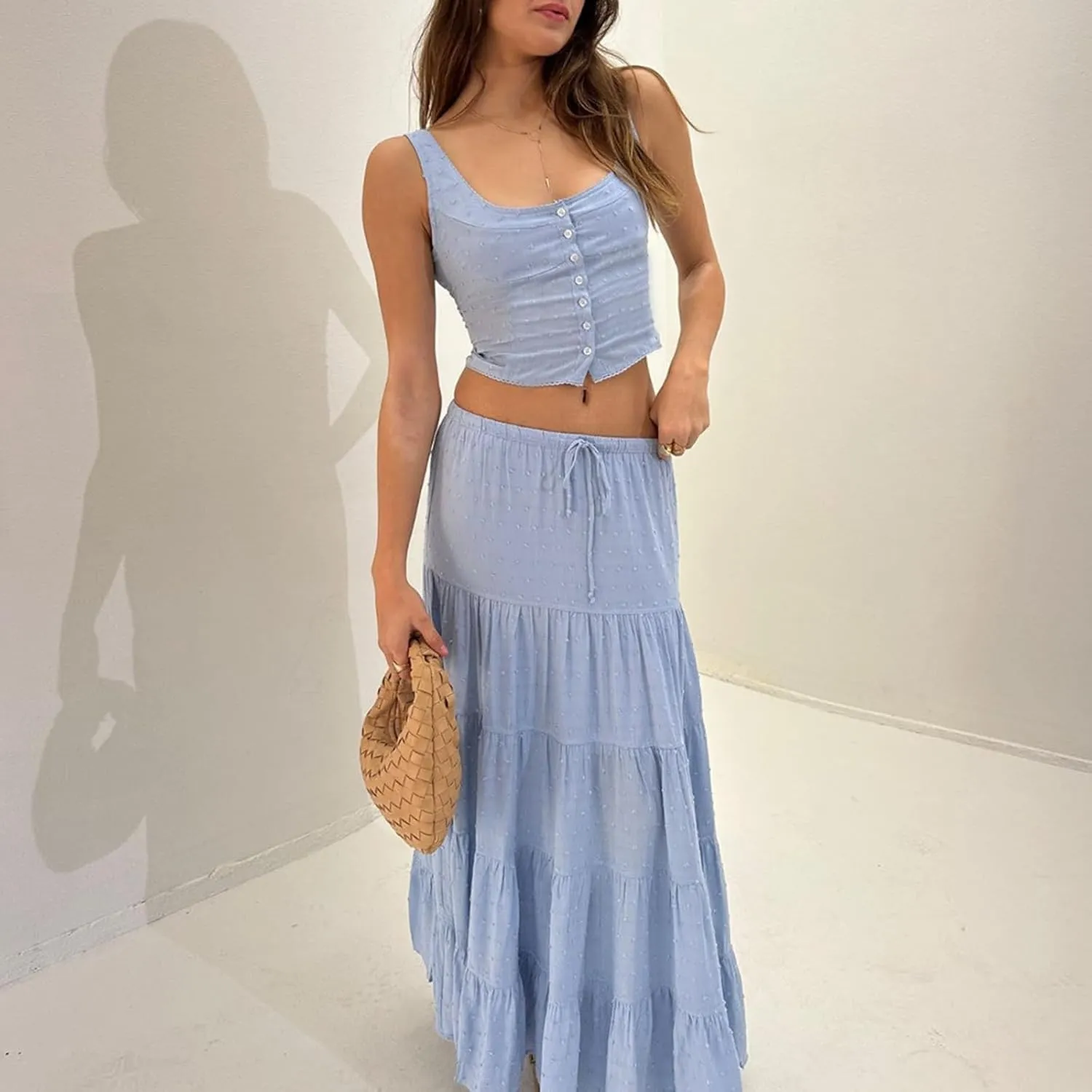 Women 2 Piece Maxi Skirts Set Y2k Ruffle Sleeveless Lace Trim Cami Top Tiered Flowy A Line Long Skirt Summer Outfits