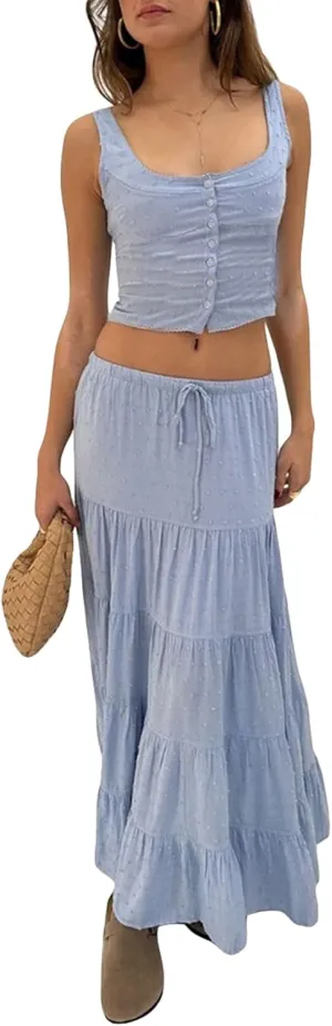 Women 2 Piece Maxi Skirts Set Y2k Ruffle Sleeveless Lace Trim Cami Top Tiered Flowy A Line Long Skirt Summer Outfits