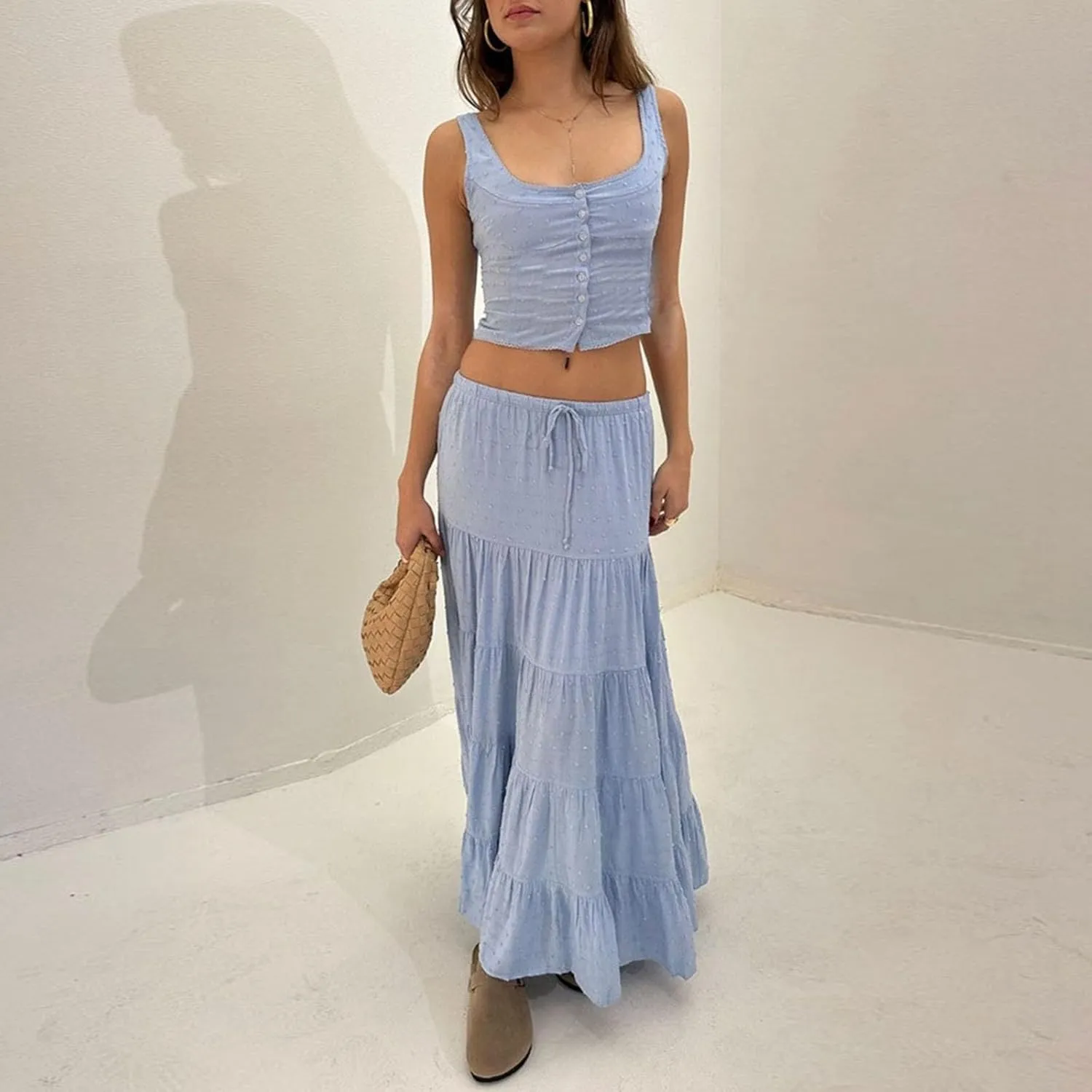 Women 2 Piece Maxi Skirts Set Y2k Ruffle Sleeveless Lace Trim Cami Top Tiered Flowy A Line Long Skirt Summer Outfits
