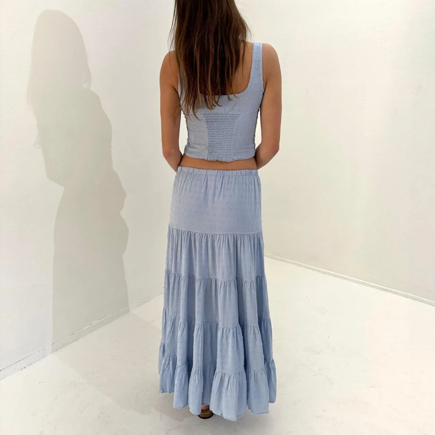 Women 2 Piece Maxi Skirts Set Y2k Ruffle Sleeveless Lace Trim Cami Top Tiered Flowy A Line Long Skirt Summer Outfits